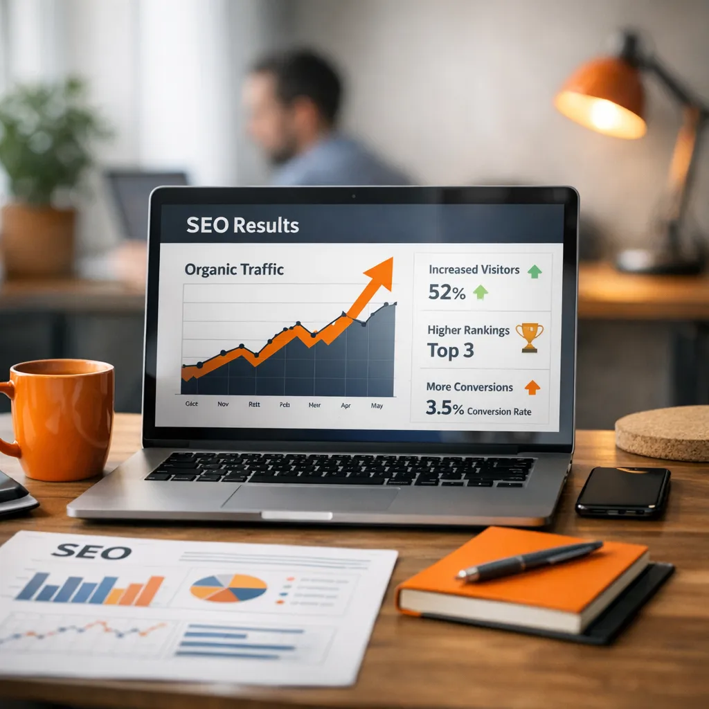 Gráfico que muestra aumento de tráfico web, mejora en visibilidad y crecimiento de conversiones con enfoque SEO en tonos pastel tipo juego
