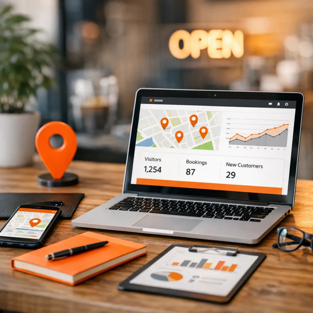 Representación visual de métricas de visitas, reservas y clientes en una interfaz analítica local con estilo pastel