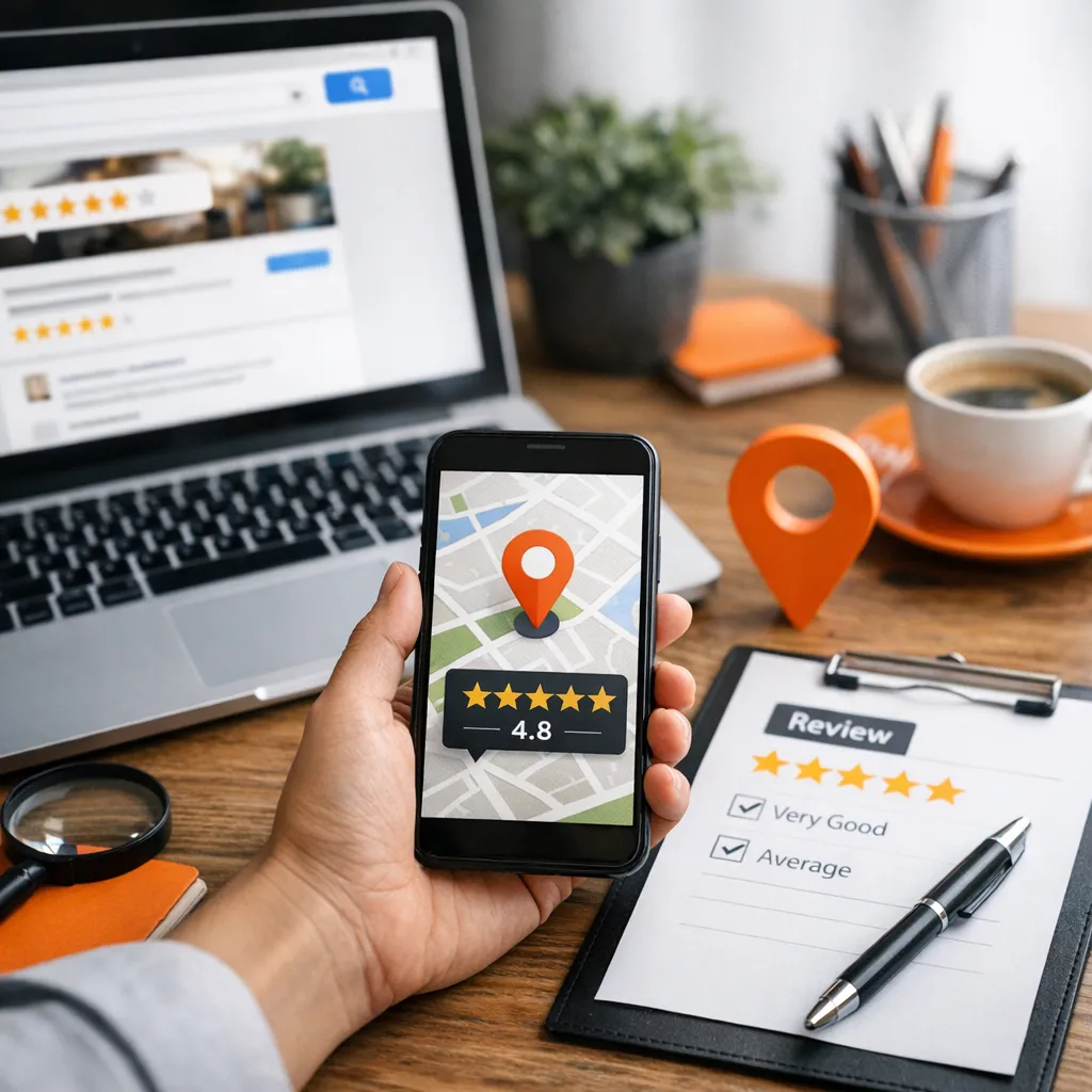 Representación visual de optimización de SEO local con iconos de fichas y reseñas destacadas en estilo pastel
