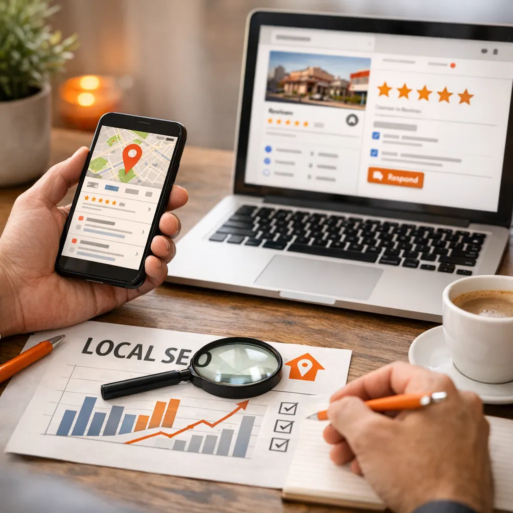 Representación gráfica de la mejora de visibilidad y confianza online mediante SEO local y respuesta estratégica a reseñas en fichas de negocio