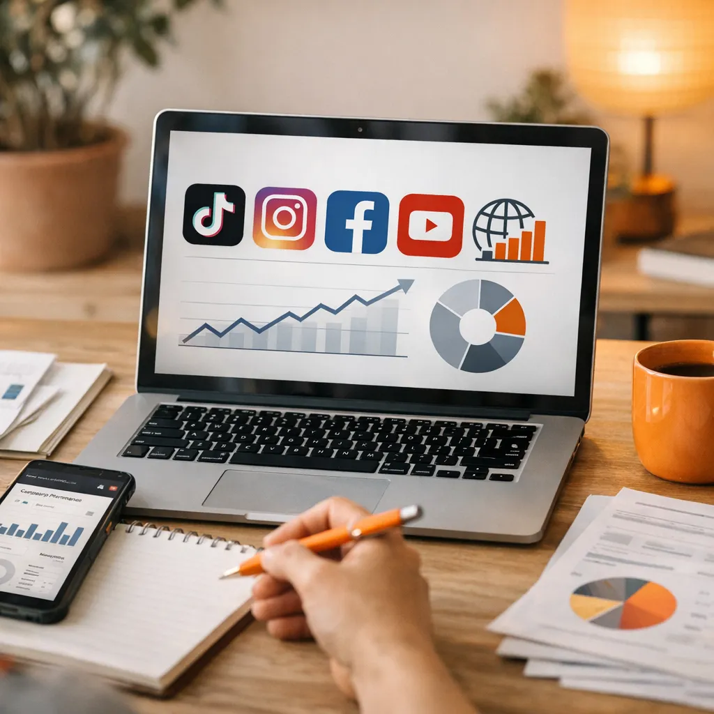 Ilustración de varias redes sociales populares con iconos y gráficos que representan la inversión publicitaria y segmentación de público