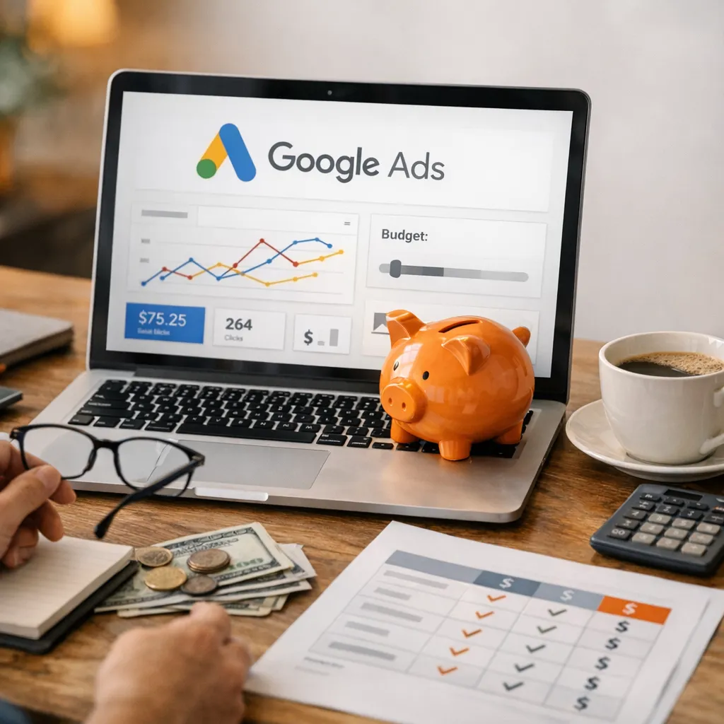 Representación gráfica de una campaña publicitaria eficiente en Google con indicadores de presupuesto y resultados