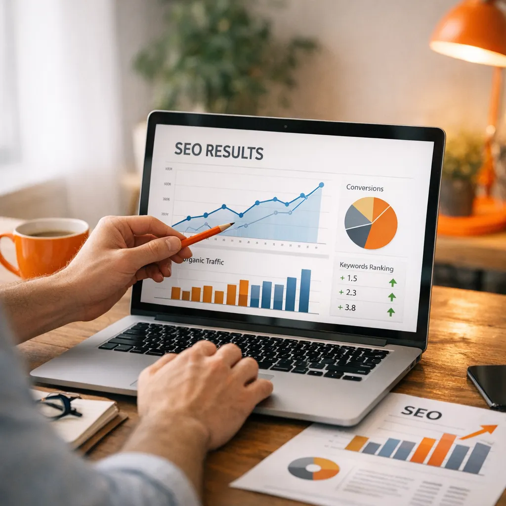Representación visual de un aumento en tráfico, visibilidad y conversiones de una web mediante optimización SEO en estilo pastel
