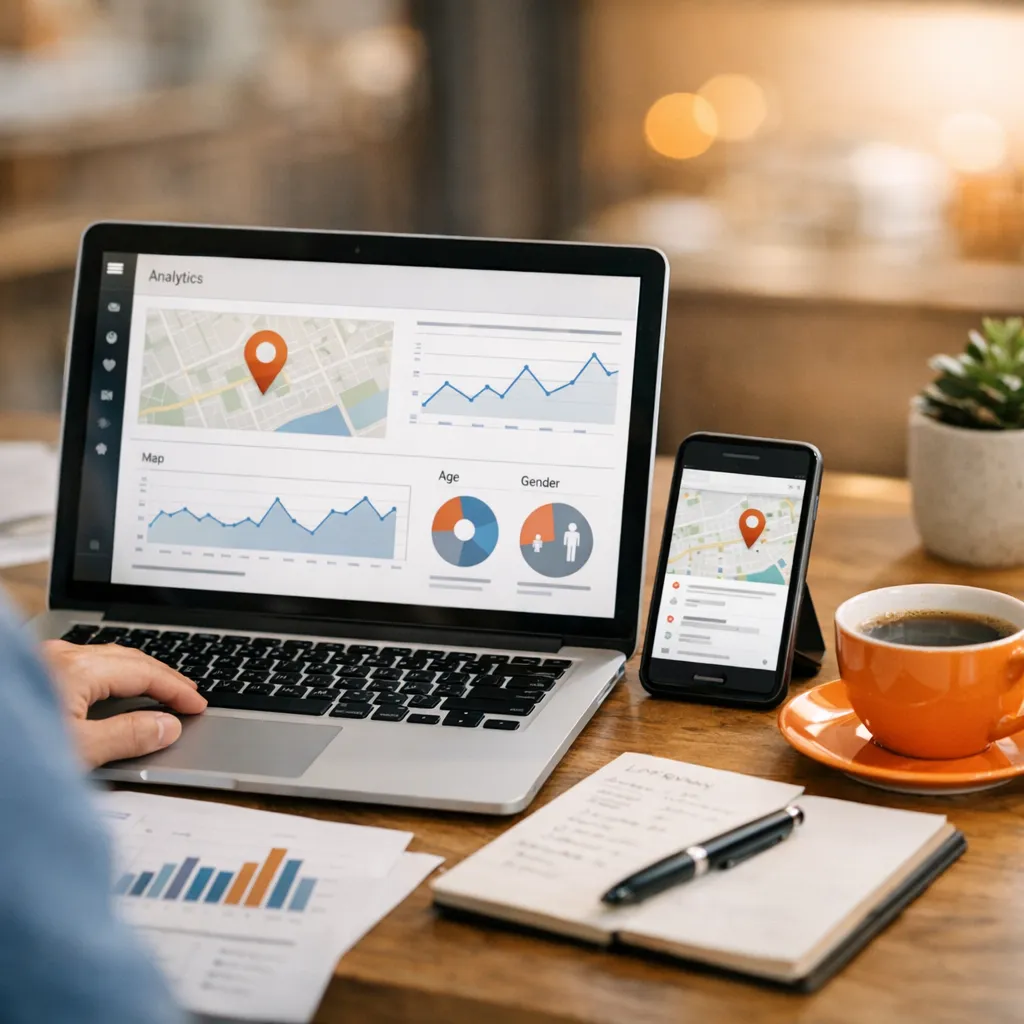 Representación visual de análisis de datos para negocios locales con gráficos y clientes en estilo pastel y de juego de preguntas