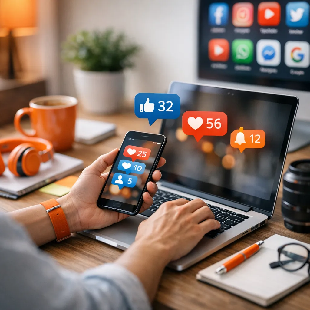 Ilustración de elementos de redes sociales conectados que simbolizan visibilidad y fidelidad de clientes en un negocio, con colores pastel