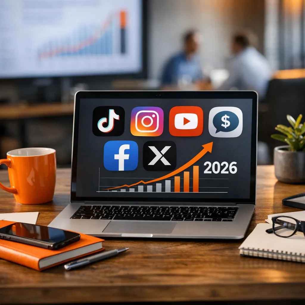 Ilustración representando canales de redes sociales populares para publicidad con íconos y gráficos de inversión en un estilo pastel y atractivo