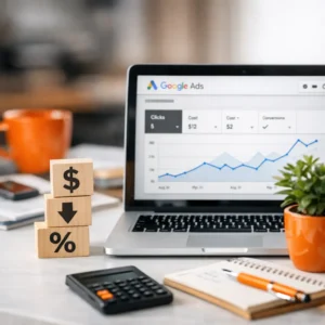 Ilustración de anuncios Google con etiquetas de precio económico y gráfico de rendimiento positivo